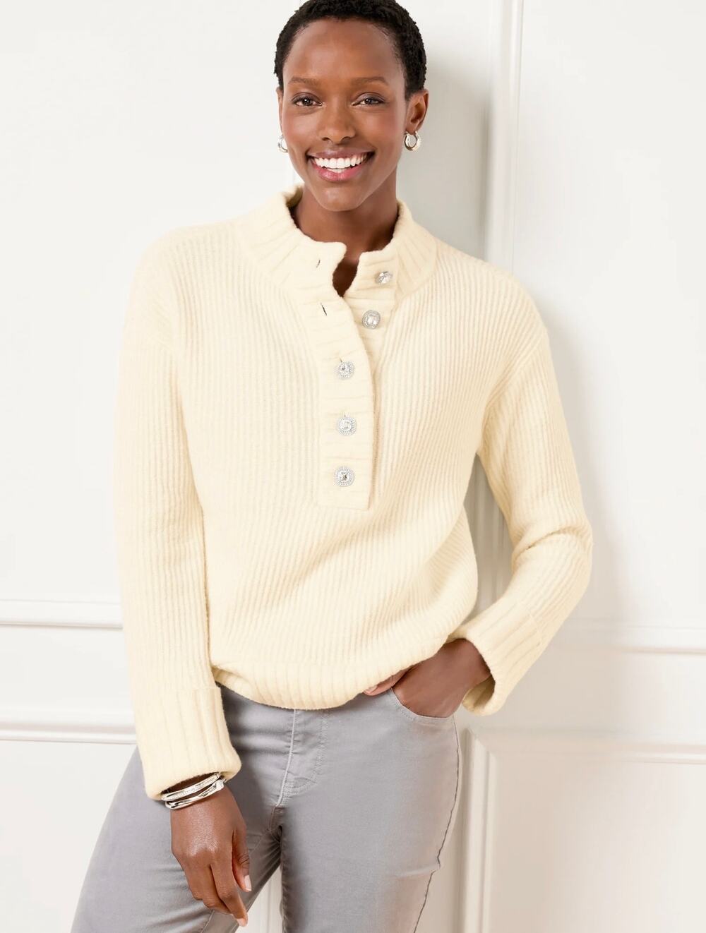 Talbots Sweater Jewel Button Henley Pullover Cream Ivory Elegant Womens PS